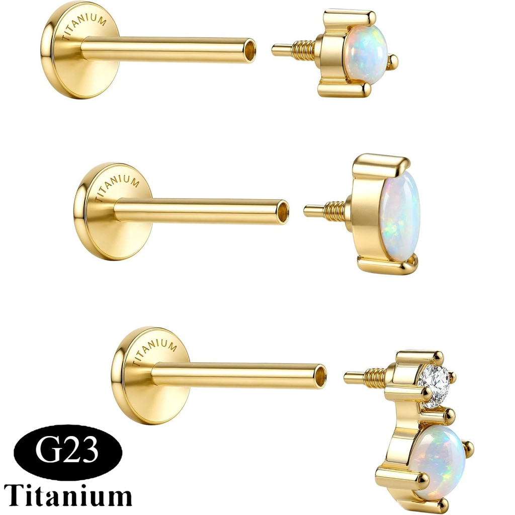 Florideco 3Pcs G23 Titanium Flat Back Earrings Studs 14K Gold Plated Opal Cartilage Helix Piercing