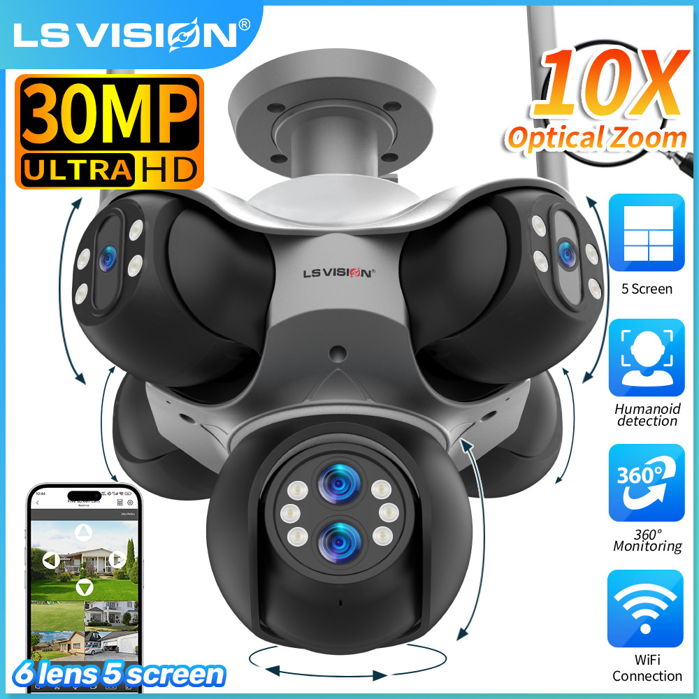 LS VISION 30MP 10X Optical Zoom WiFi IP Camera 5 Screens 5 PTZ Security CCTV Cam Auto Tracking Home