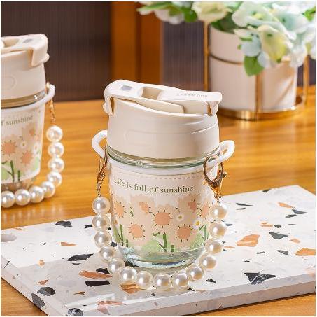 BOTOL MINUM KACA 400ML BOTOL AESTHETIC TALI MUTIARA TUMBLER KOREA BOTOL TRAVEL TALI DAN SEDOTAN