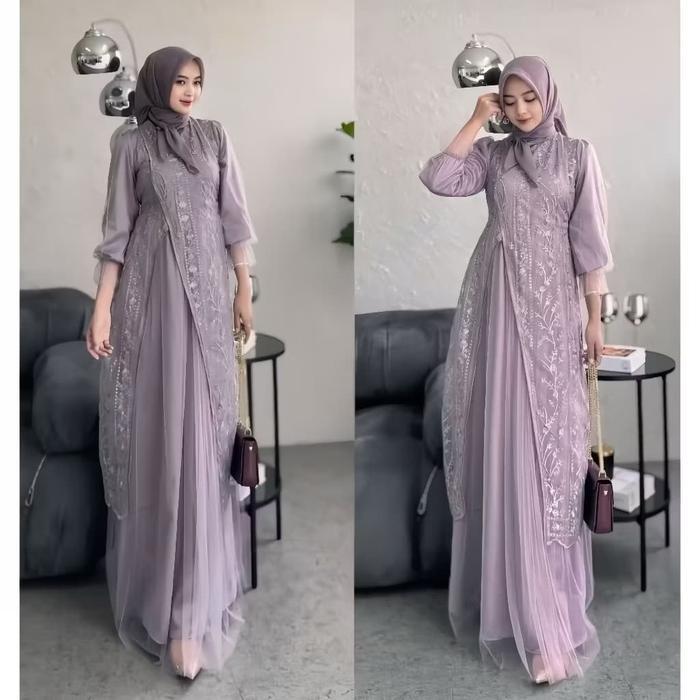Best Seller Gamis Brokat 2025 Model Baru Shabira Dress Silk Kombinasi Brokat Burgundy Baju Lebaran