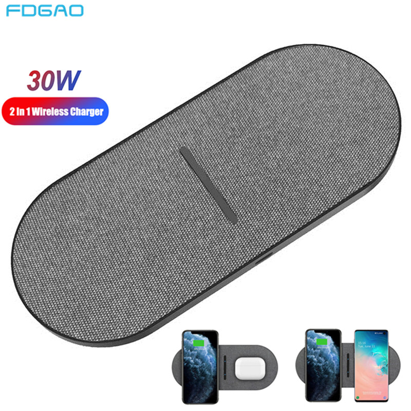 FDGAO 30W 2 in 1 Dual Seat Wireless Charger for iPhone 15 14 13 12 11 XS XR X Airpods Pro Samsung