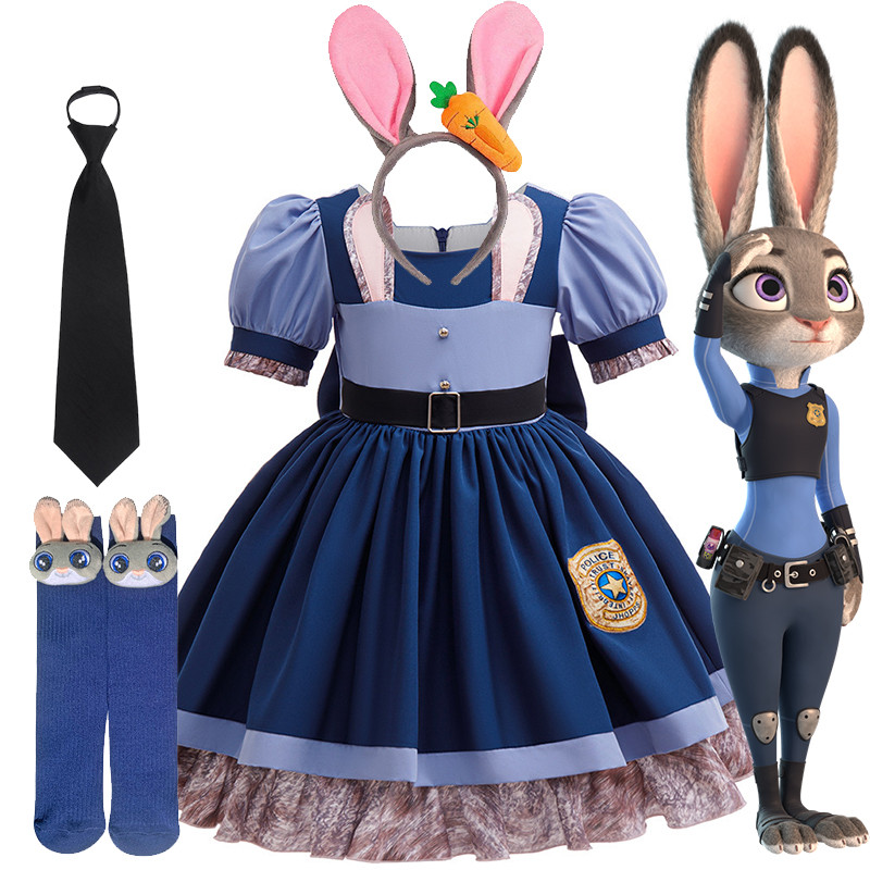 Girls Judy Bunny Police Officer Dress Disney Zootopia 2 Bunny Costume for Kids Cosplay Dress With