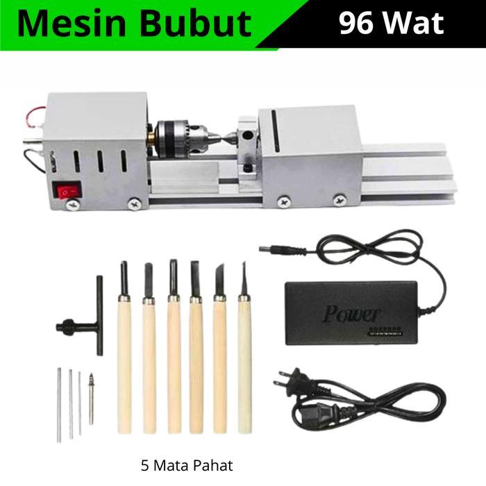 Amrshop17 Mesin Bubut Mini Lathe Wood Metalworking Diy 96W Serut Portable 6 Pisau Pahat Dan Adaptor