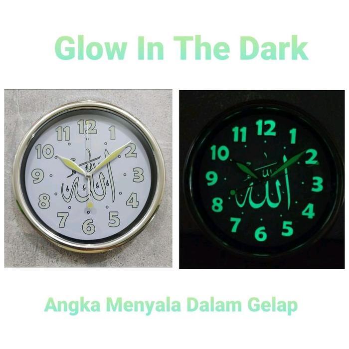 Jam Dinding Arab Nuansa Kaligrafi Islami Glow In the dark Nyala dalam gelap Ukuran 20cm