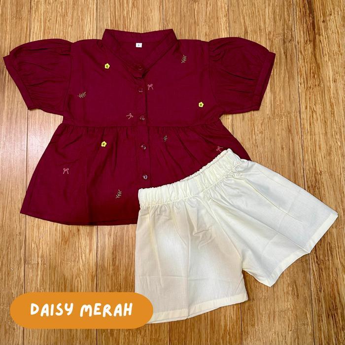 SETELAN ANAK PEREMPUAN LAILA DAISY MERAH DAISY PUTIH BUNGA BERRY BAHAN KATUN 100%