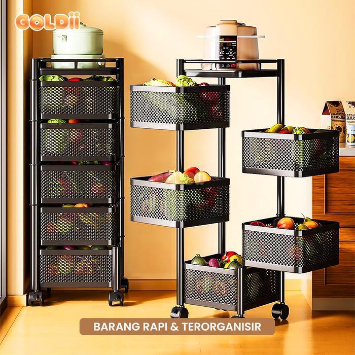 GOLDII - Rak Susun Putar Besi 5 Tingkat Model Kotak Troli Dapur Serbaguna Anti Karat