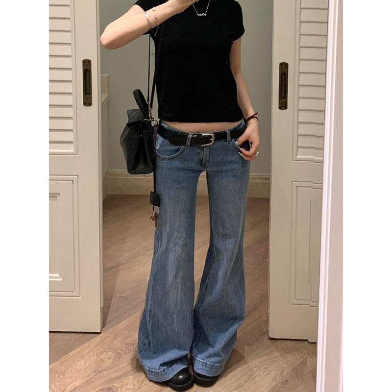 Women's Low Rise Jeans Bootcut Jeans Kpop Denim Pants Y2k American Retro Bell Bottom Jeans Harajuku