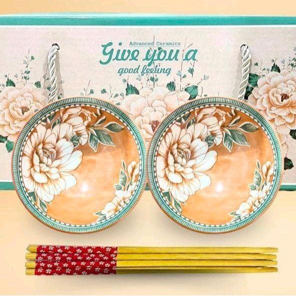 Mangkok Keramik Sakura Motif Bunga Isi 2 mangkok dan sumpit dengan Kemas Box motif.