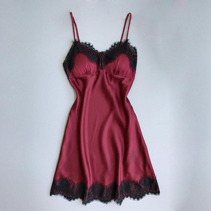 [ Racun Lingerie ] Dress Gaun Malam Nightwear Wanita Dewasa Sexy Renda Hitam Tali Adjust Satin SIlk