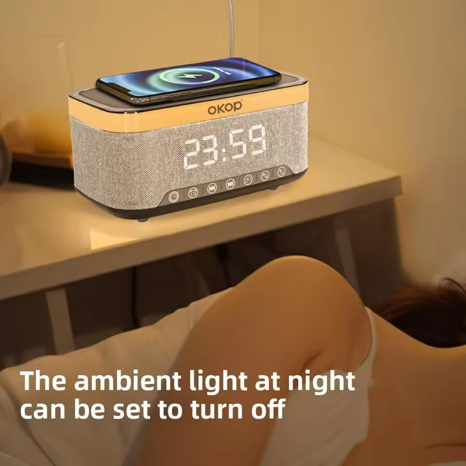 OKOP Bluetooth Speaker 15W Power Wireless Charging,Clock Alarm Clock RGB Ambient Light White Noise