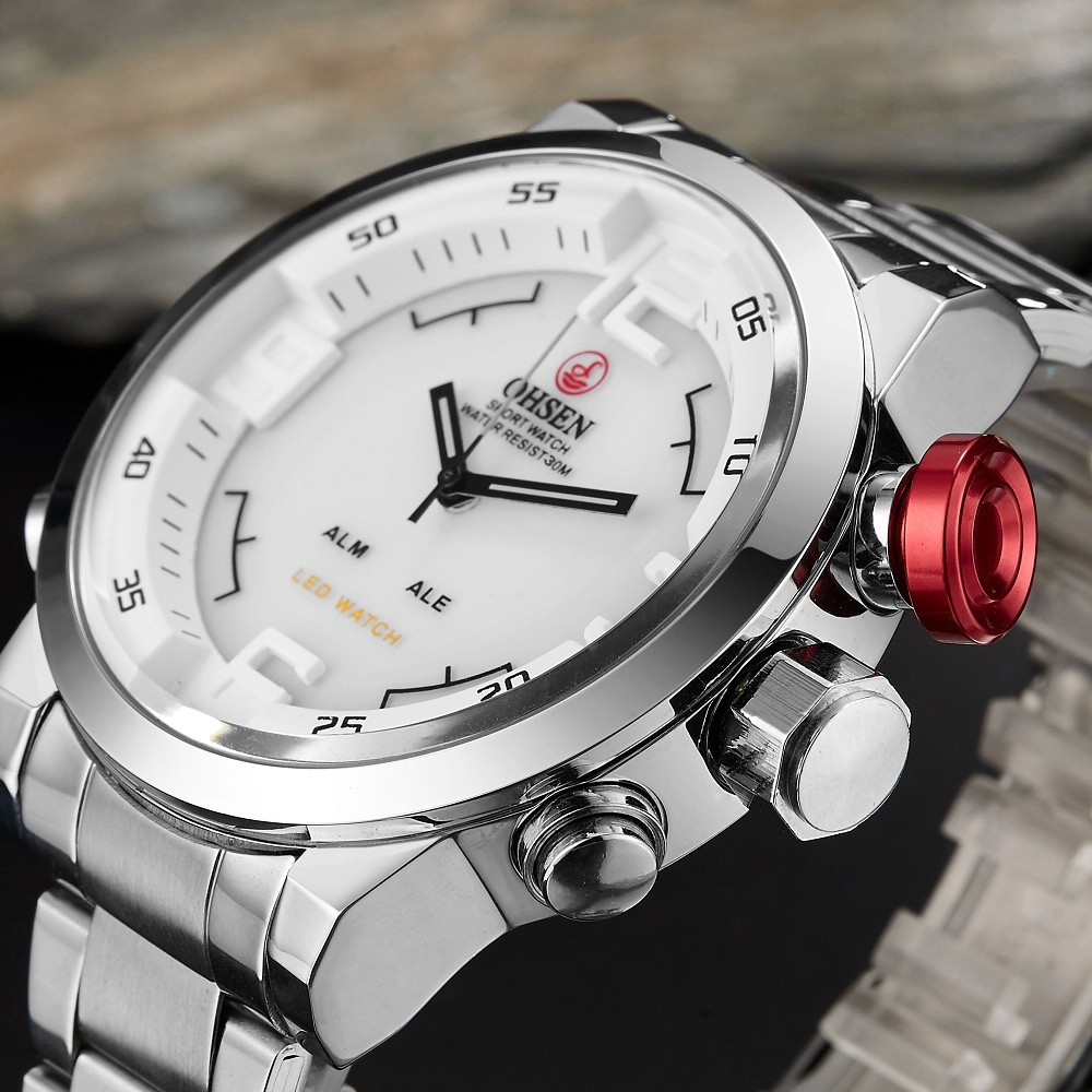 New OHSEN Brand Digital Quartz Men Business Wristwatches White Full Steel Band Fashion LED Military