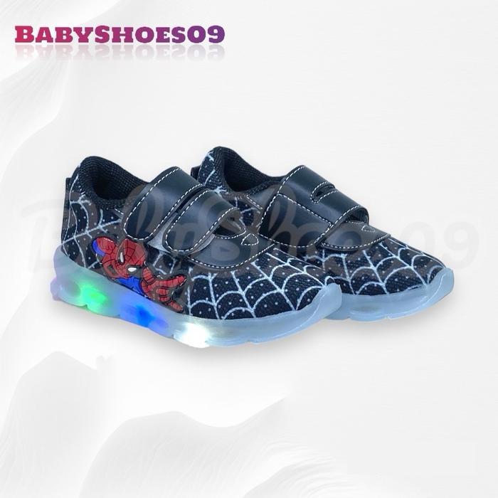 Ando Kids - Sepatu Sneakers Anak Laki-Laki Keren Motif Super Hero Spiderman Dengan Lampu Led Ukuran