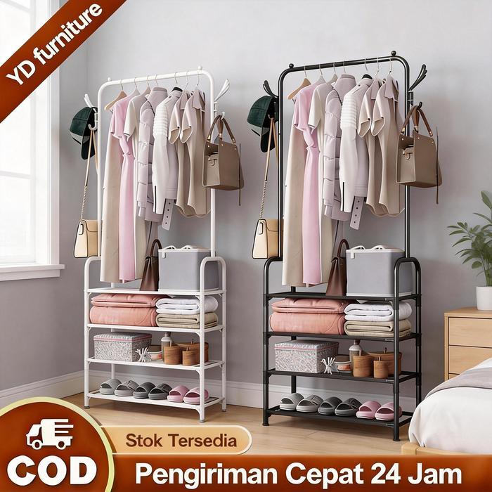 Rak Gantung Baju Besi Multifungsi Stand Hanger 4 Tingkat Tempat Sepatu & Tas Rak Baju Portable Kokoh