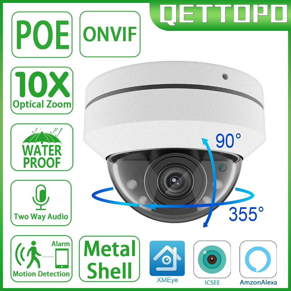 Qettopo 5MP 10X Optical Zoom Metal POE Camera Outdoor Waterproof POE Security Audio Moton Recording 