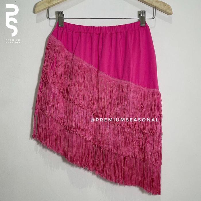 Rok Rumbai Miring - Celana Rok Rumbai Motif Miring 3 Tingkat Panjang Merah