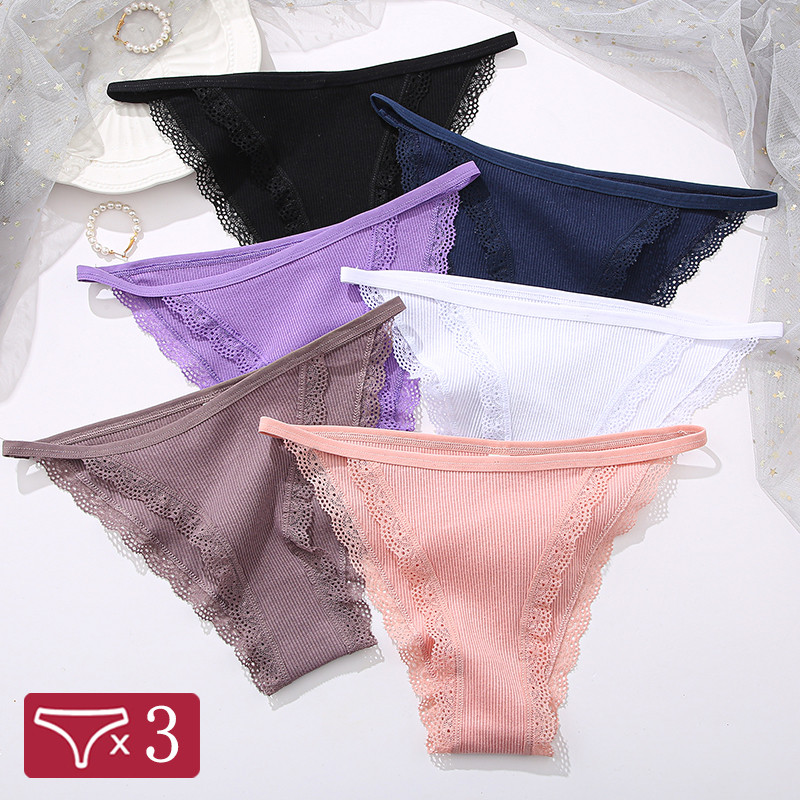 Finetoo 3Pcs/Set Sexy Lace Cotton Briefs Women Solid Comfortable Panties Female Soft Underwear