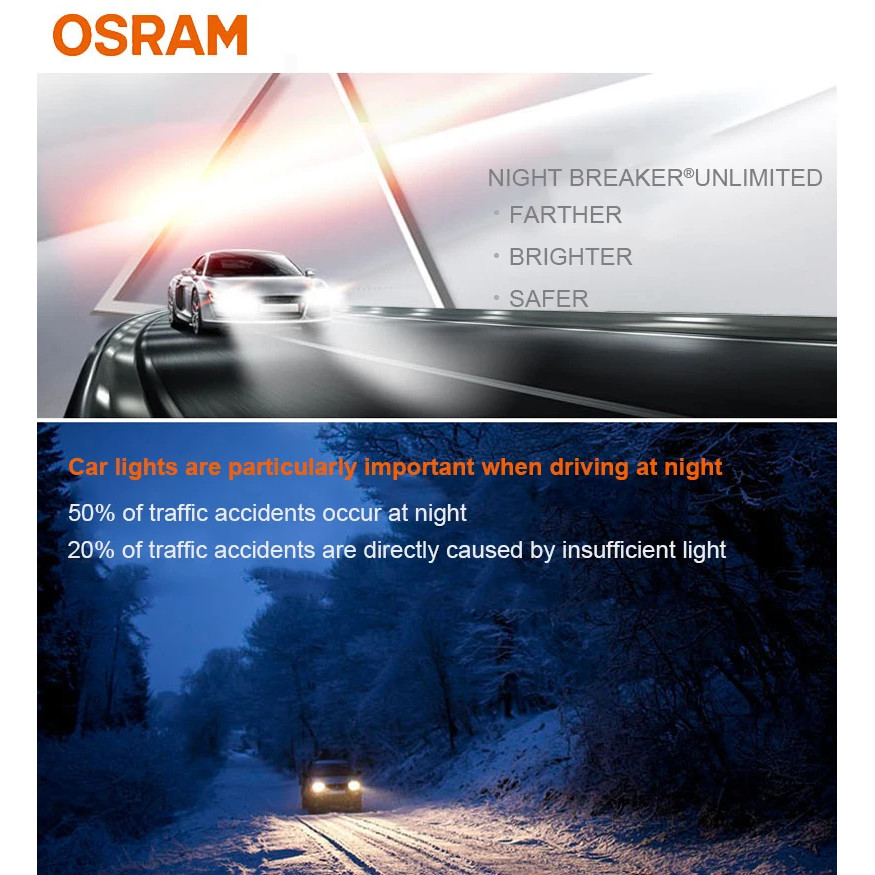 OSRAM Night Breaker Unlimited H1 H11 H4 H3 HB3 HB4 55W 12V +110% Bright White Car Headlight Genuine