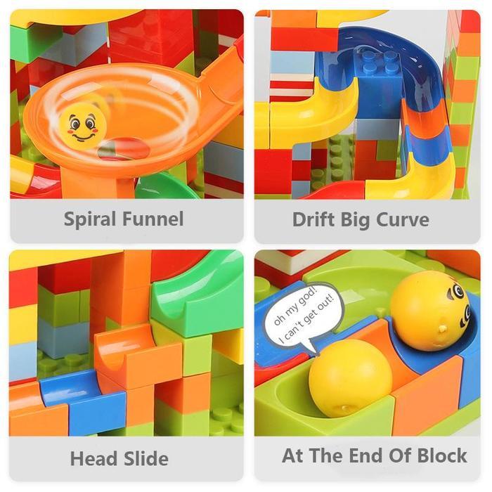 Balok bangunan 168 buah, lintasan luncur bola, lintasan kelereng