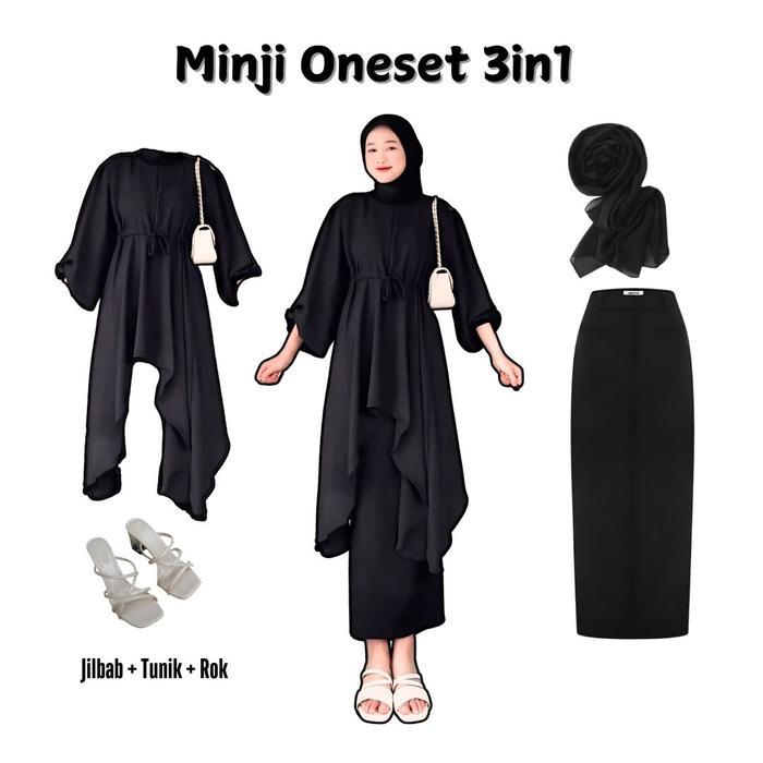 One set 3in1 baju atasan tunik blouse hitam rok span hitam jilbab bella square ootd outfit setelan