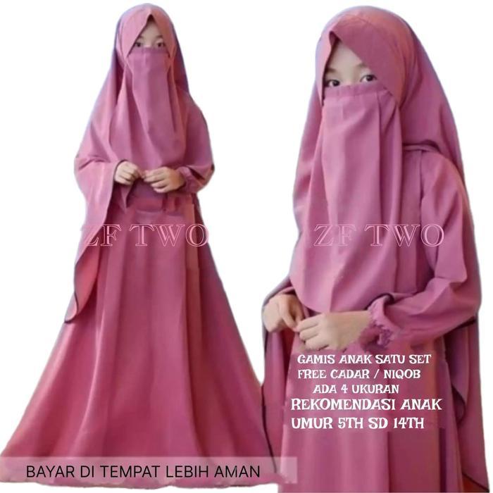 Shofiya syari kids, Gamis anak satu set plus hijab GRATIS cadar, busana muslim usia 5 s/d 14th baju