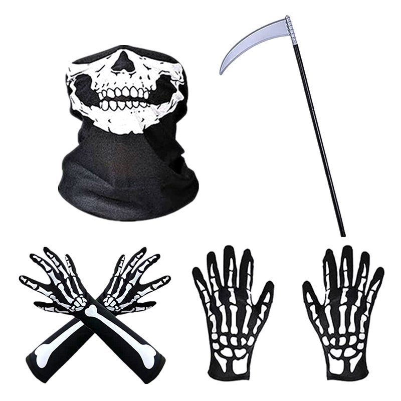 Halloween Skeleton Gloves Costume Spooky Grim Reaper Mask Cosplay Horror Vampire Party Scythe