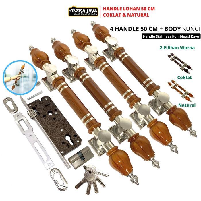 Satu set Handle Pintu Kunci Panjang 50 cm Gagang Pintu Rumah Tarikan Pegangan Warna Natural Coklat
