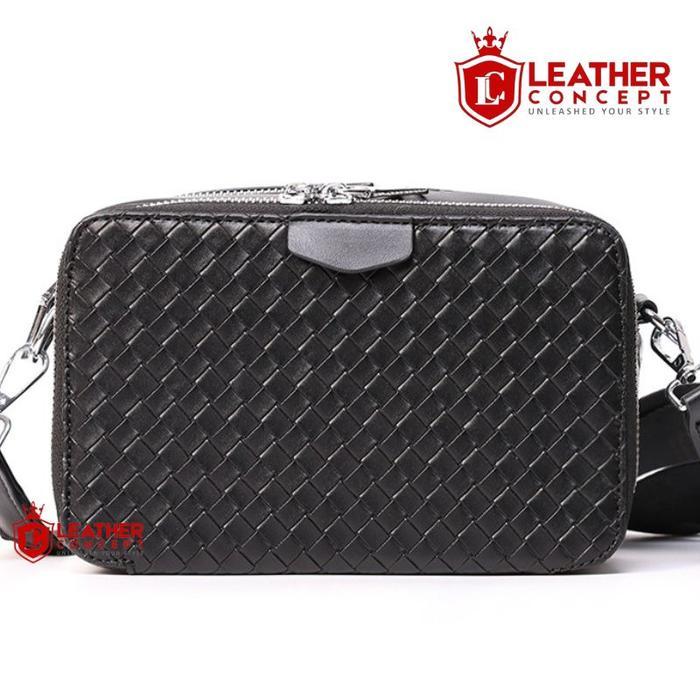Aerostreet - Leather Concept Finley Anyaman Tas Selempang Pria Anyaman - Sling Bag Kulit Hitam