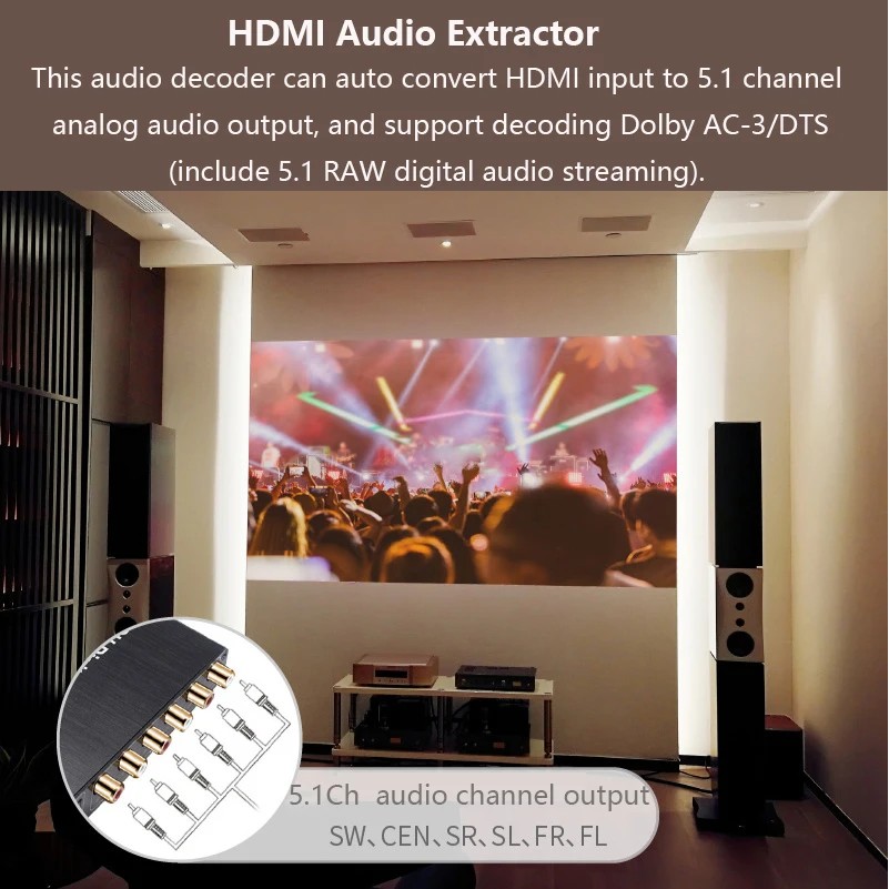 4K HD Audio Extractor Decoder 5.1CH AC3/DTS Audio Converter Decoder RCA Sound Amplifier Analog
