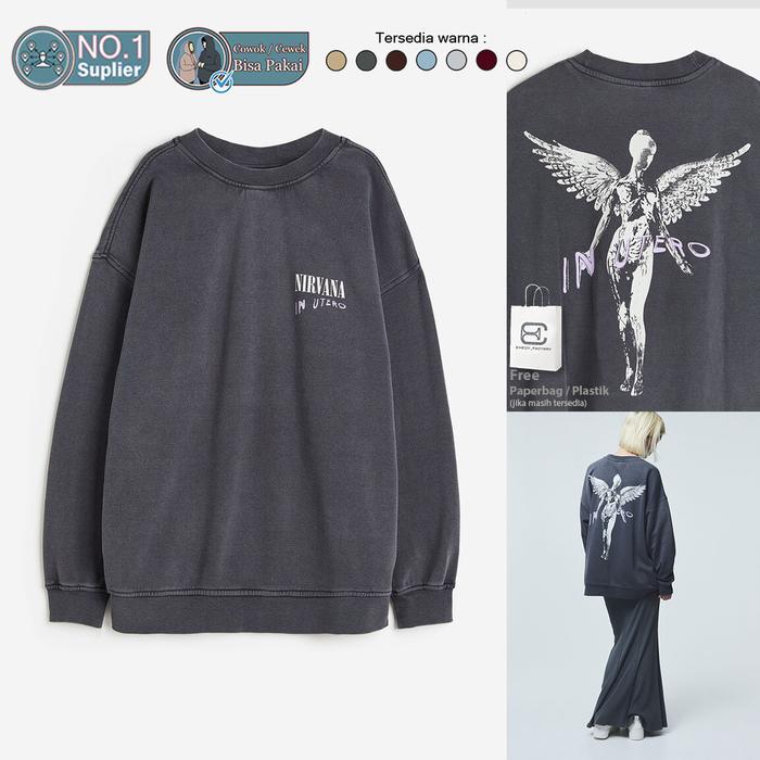 cnm Crewneck NIRVANA IN UTERO PERI Dark Grey Original Black Wash Hitam Buluk Sweater Washed Wanita