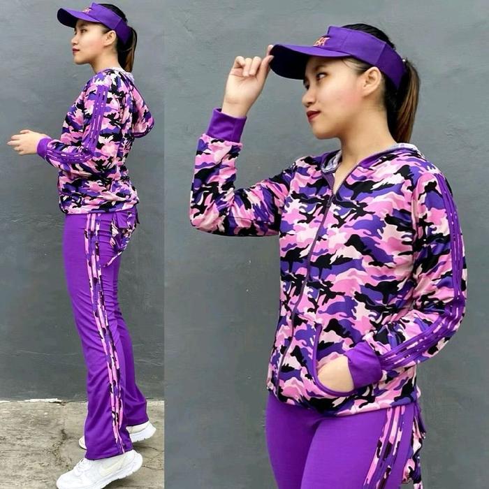 Terbaru Setelan Baju Senam motif Baju Gym Fitness Baju Olahraga Panjang Muslim Setelan Army ungu
