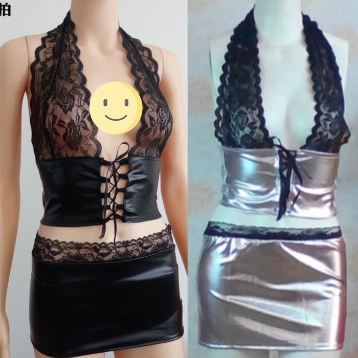 Lingeire Seksi Kulit Pu Renda Transparan Gaun Club Malam Sexy Lingere