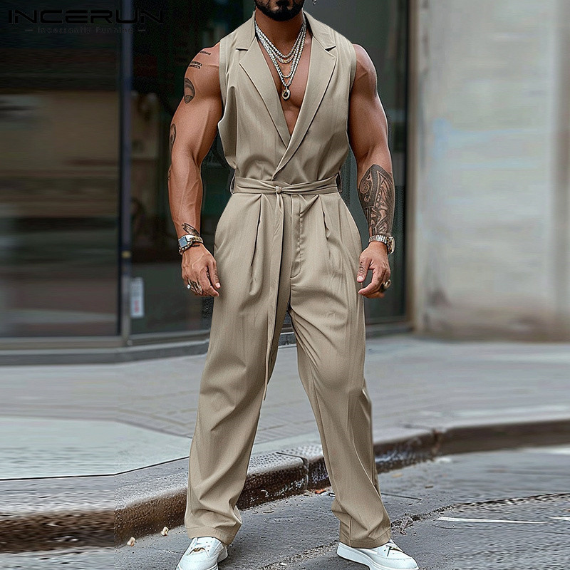 INCERUN 2024 American Style Fashion Jumpsuits Men's Simple Solid All-match Rompers Streetwear Hot