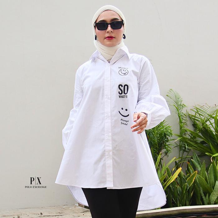 Polo Exchange Tunik Wanita Modern Lengan Panjang Balon Simpel Elegan Bahan Poplin Katun Jepang Putih