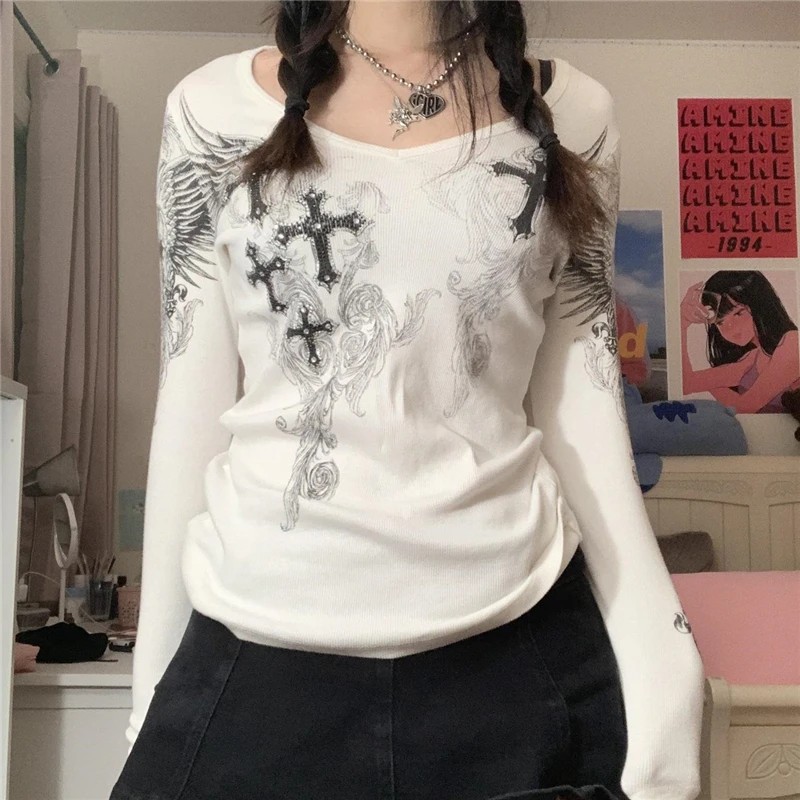 Y2K Graphic Wings Print Long Sleeve Women Grunge Fairy T-Shirt Harajuku Tee 2000S Aesthetic Style