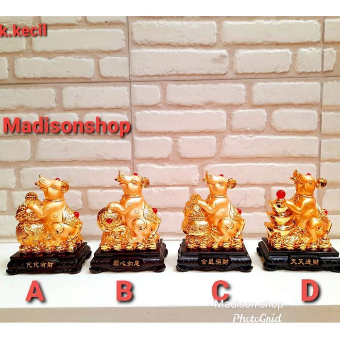 Patung Tikus Emas S Tatakan Kayu Kado Pajangan Hoki Shio Tikus Murah Terlaris