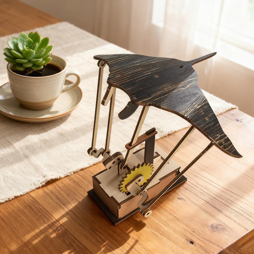 Artisan Solid Wood Ornament Handmade Wooden Motorized Manta Ray Figurine Manta Ray Automaton Home