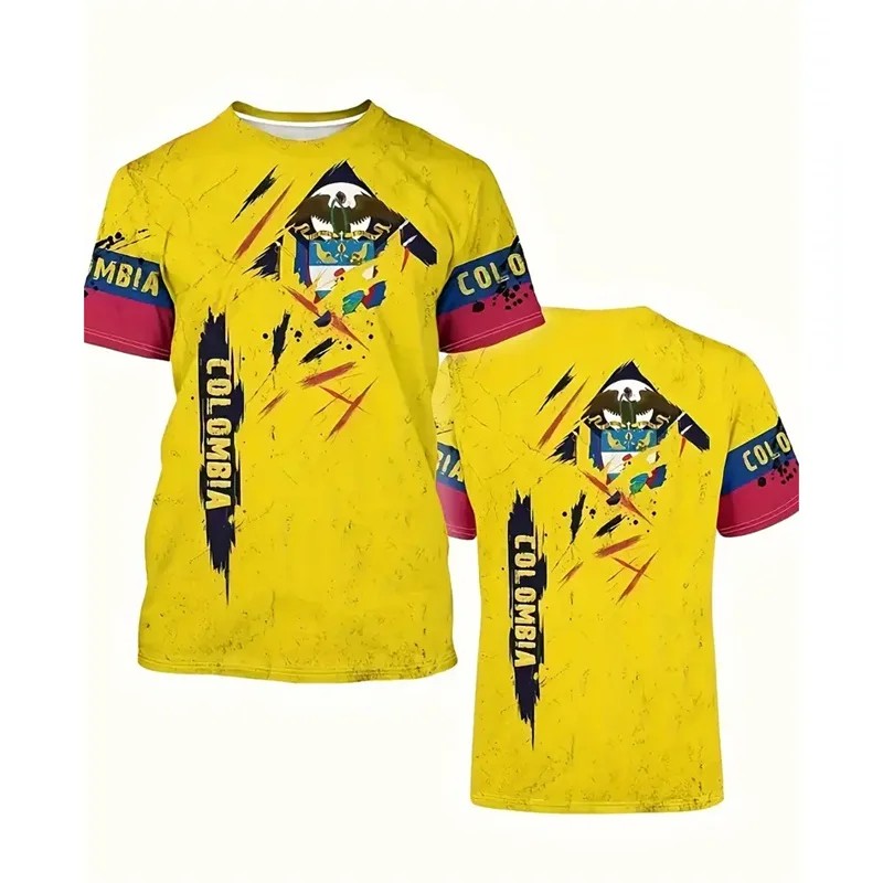Colombia Flag Graphics T Shirt Fashion 3D Printed Yellow T-Shirt For Men Oversized Round Neck