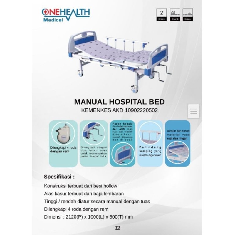 Hospital bed / ranjang rumah sakit pasien 2 crank onehealth