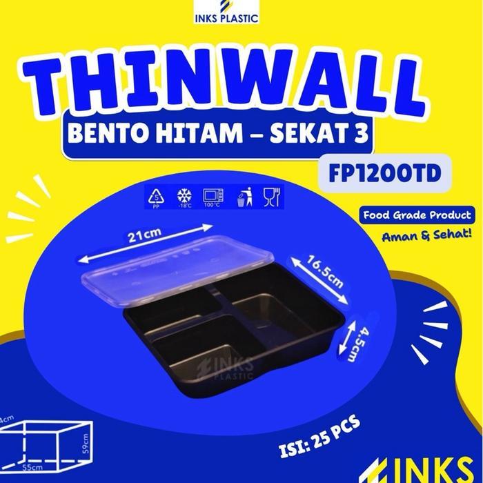 Thinwall Bento Sekat 3 Hitam Td (150 Pcs)