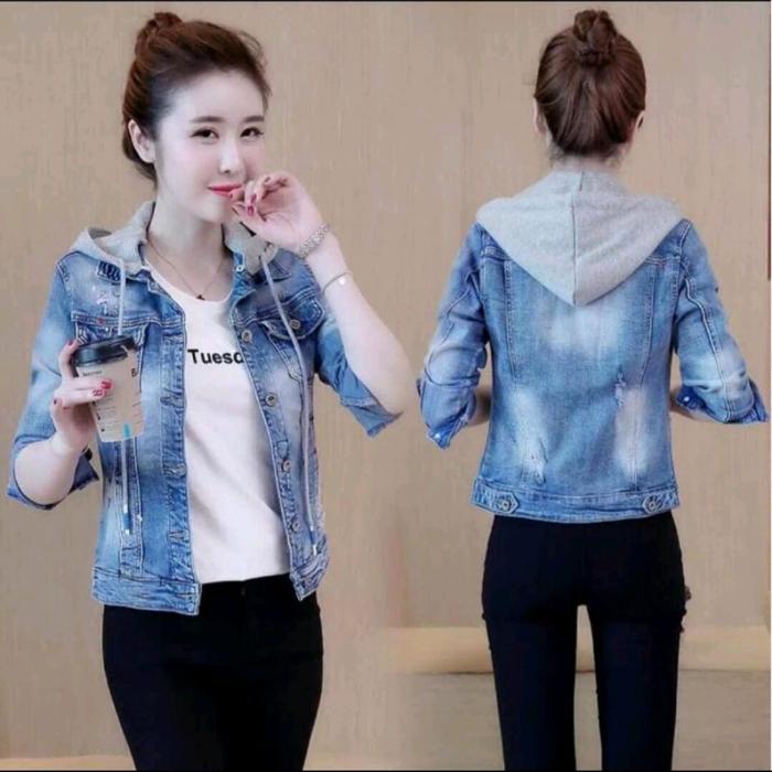 JAKET JEANS WANITA LENGAN PANJANG KOMBINASI HOODIE BABYTERRY