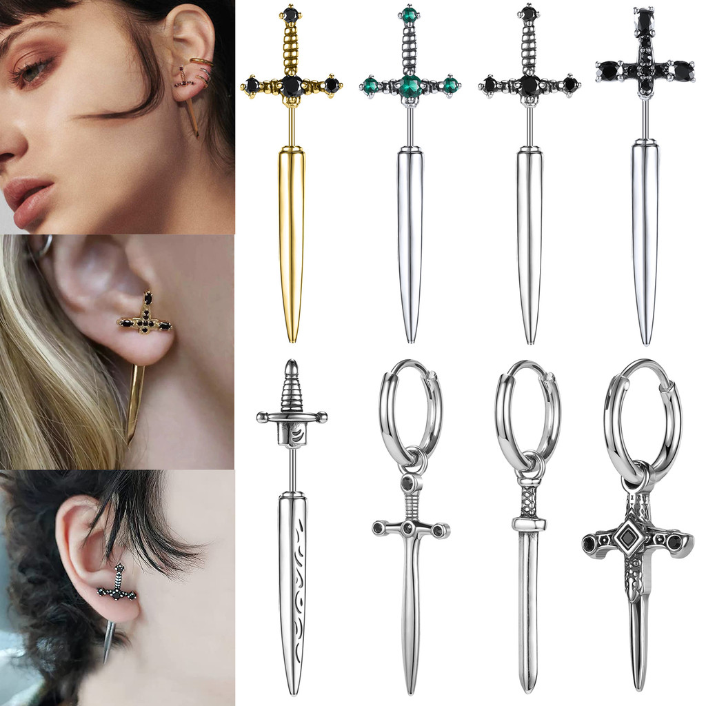 ZS 18G Gothic Sword Earring Stainless Steel Studs Earrings Sword Hoop Piercing Jewelry for Men DNA