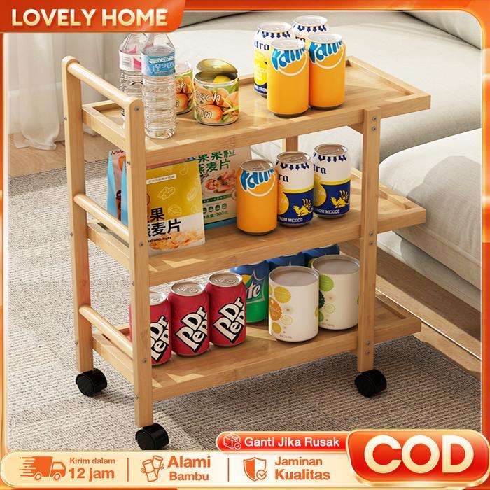 LOVE Troli Makan Bambu, Troli Ruang Tamu, Troli Dapur Troli Bambu Sederhana Modern Troli Cemilan