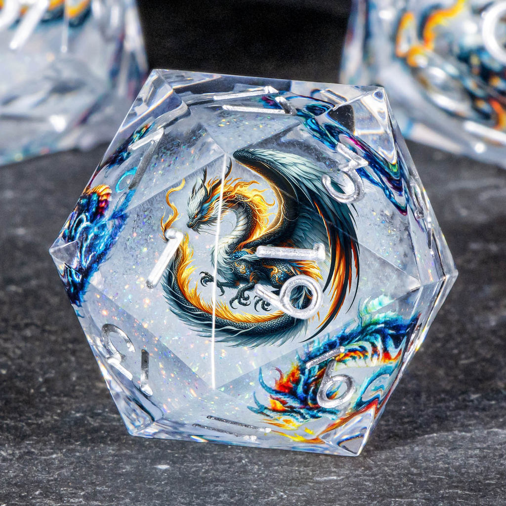 Dragon Pattern Liquid Core Dice Set DND, 7Pcs Sharp Edge Dice Set Dungeon and Dragon, Handmade Resin