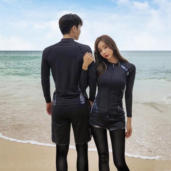 Pasangan Baju Renang Pria Lengan Panjang Slim Rashguard Dewasa Wanita Berselancar Pantai Berpasir