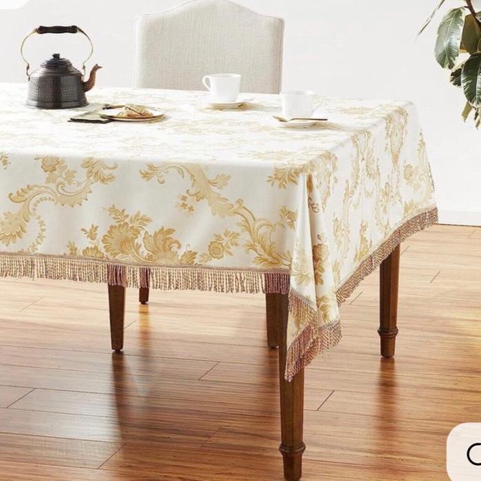 Taplak meja tamu /meja makan bahan kain Damask Embossed rumbai