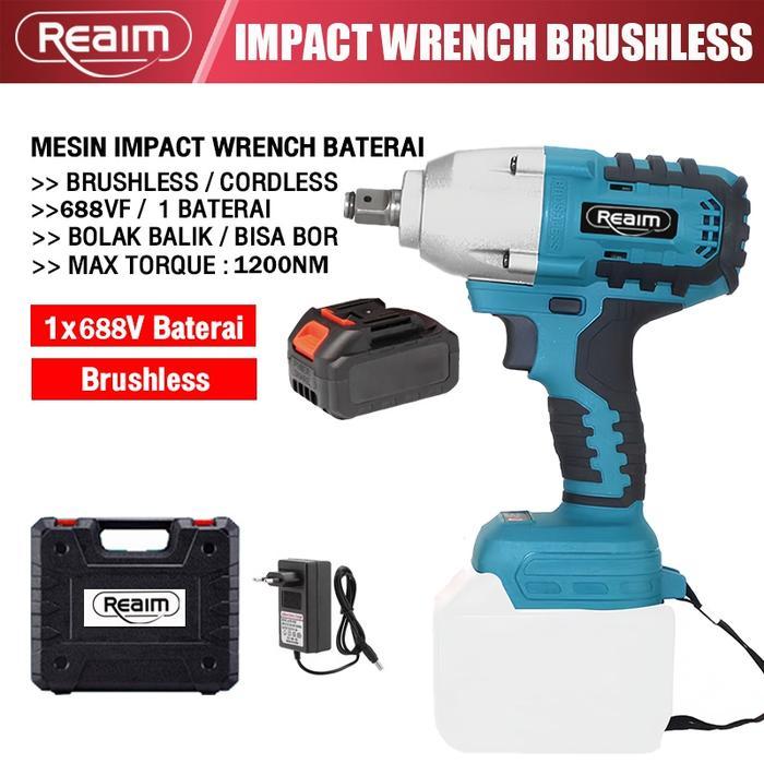 REAIM Mesin Bor Impact Wrench Listrik Baterai 688 Volt Alat Pembuka Baut Roda Mobil Truck Bor Tangan