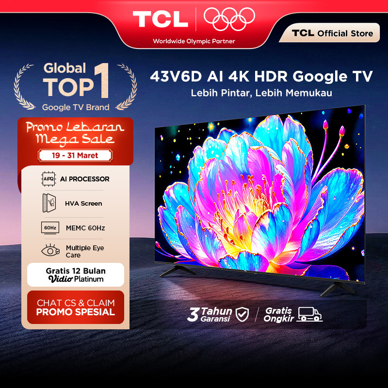 TCL AI 4K Google TV 43 inch V6D - MEMC - HDR 10 - HVA Panel - Dolby Audio - Google Play/Netflix/Yout