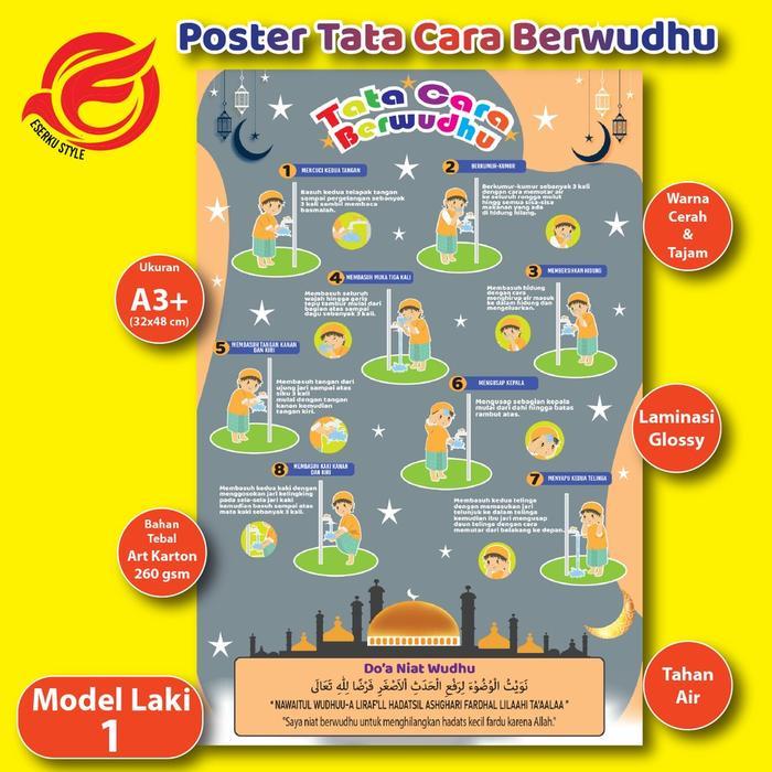Poster Belajar Wudhu/Poster Anak Muslim/Poster Tata Cara berwudhu