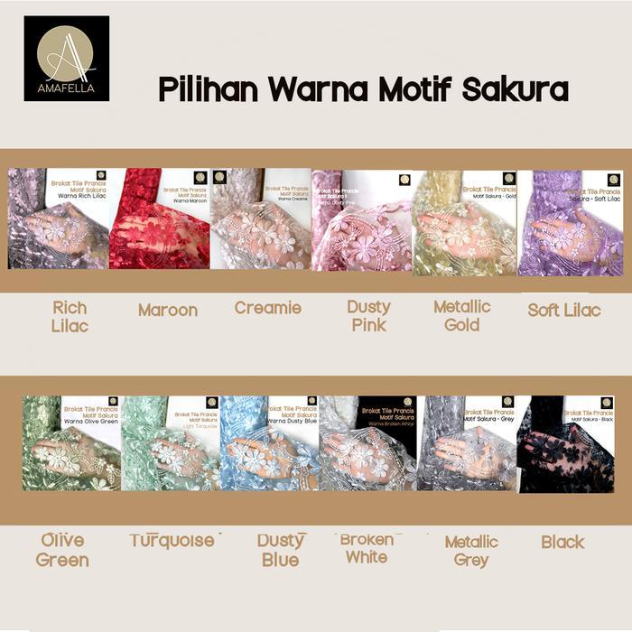1/2 Meter Kain Brokat Tile Prancis Bahan Kebaya Motif Sakura Creamie