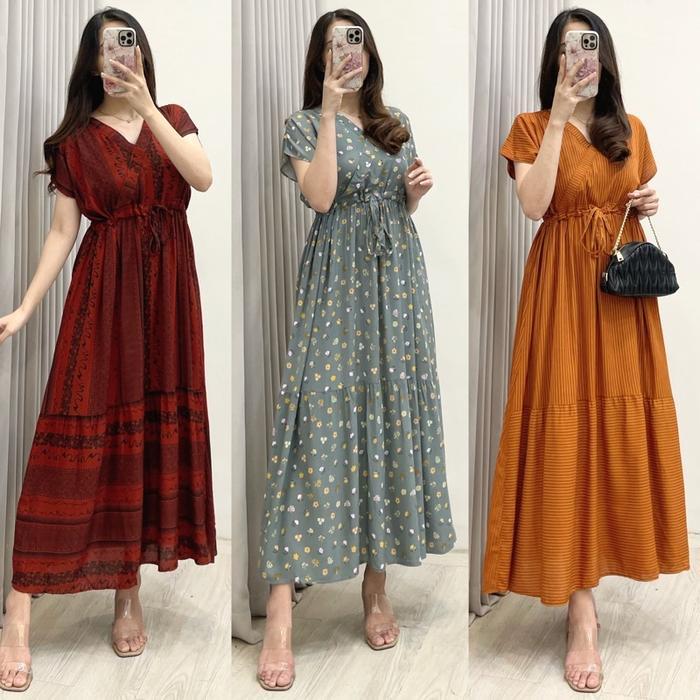 Amariel Kimono Serut Dress Panjang Daster Nyaman Kancing Bumil Busui Friendly Katun Rayon Lengan